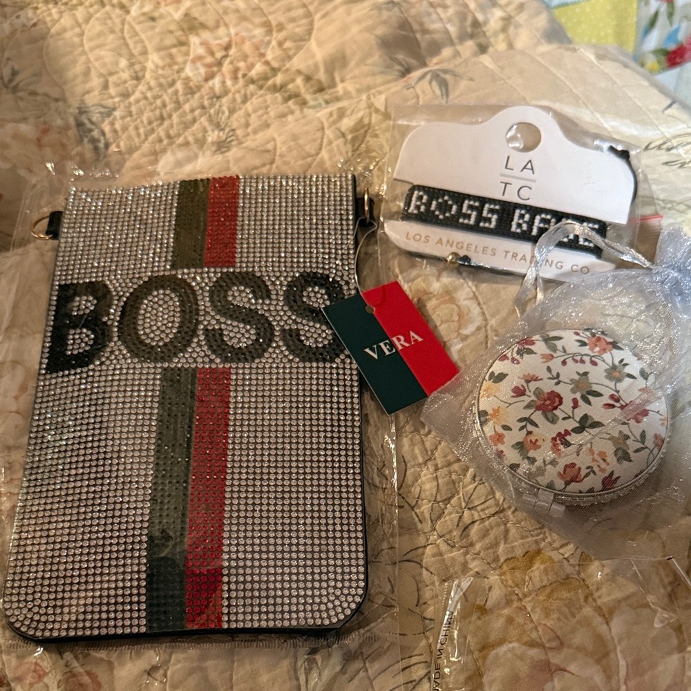 LA Trading Co. BOSS Rhinestone Crossbody Phone Bag with compact and bracelet